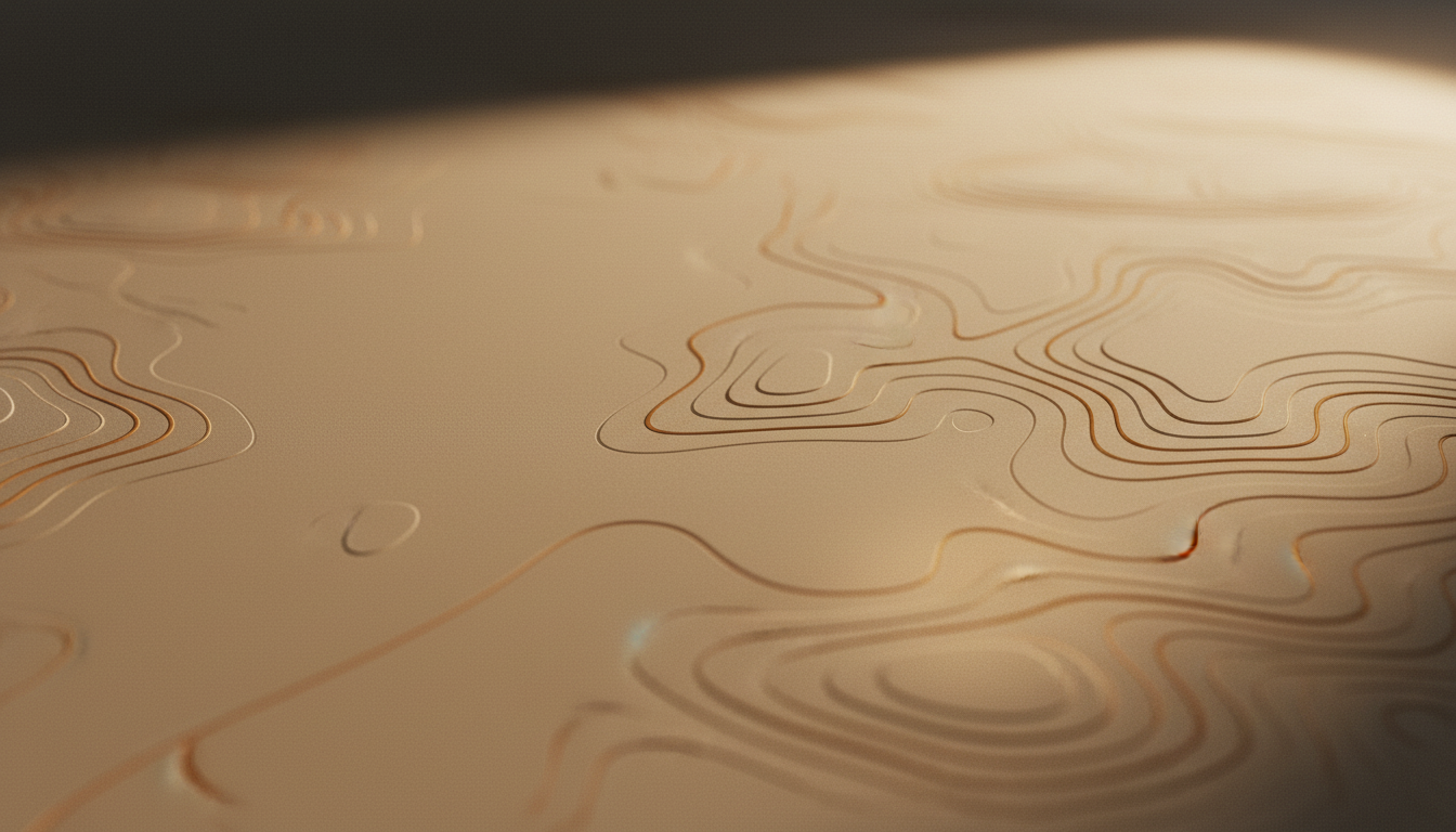 Warm cream paper with faint embossed topographic contour lines in low light